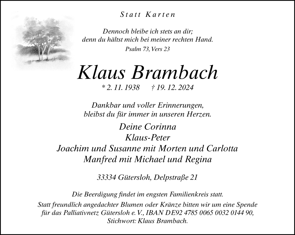  Traueranzeige für Klaus Brambach vom 27.12.2024 aus Neue Westfälische