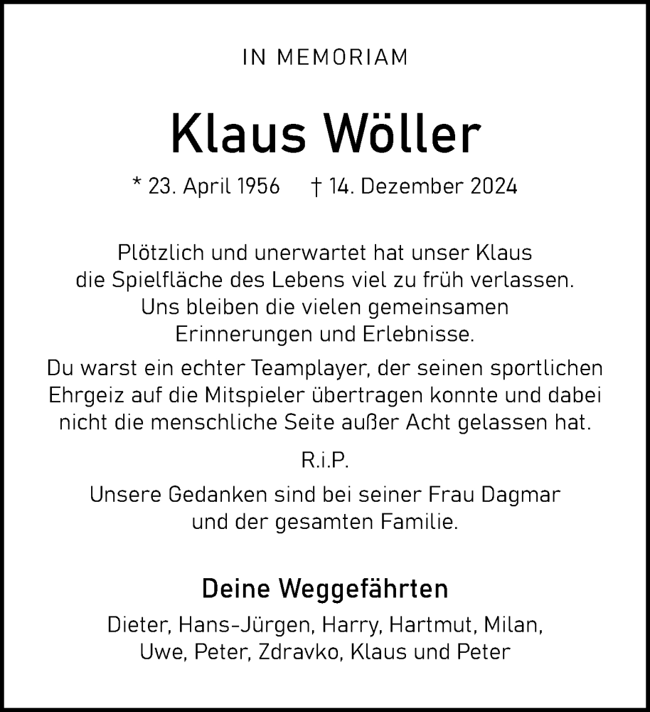  Traueranzeige für Klaus Wöller vom 21.12.2024 aus Neue Westfälische