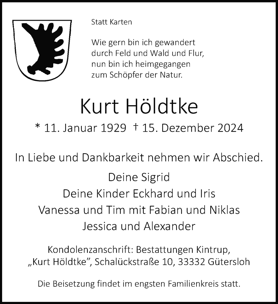  Traueranzeige für Kurt Höldtke vom 21.12.2024 aus Neue Westfälische