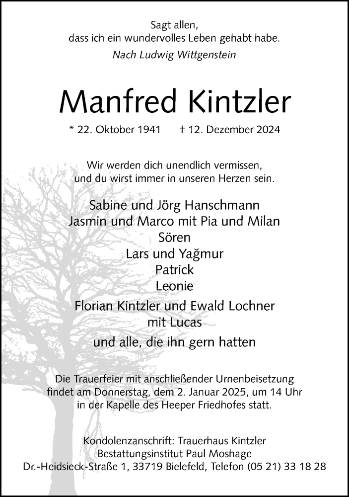  Traueranzeige für Manfred Kintzler vom 21.12.2024 aus Neue Westfälische