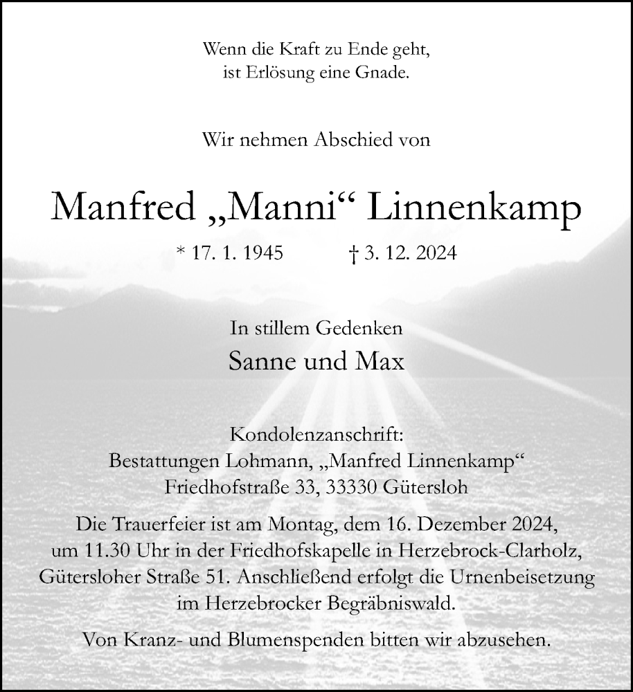  Traueranzeige für Manfred Linnenkamp vom 07.12.2024 aus Neue Westfälische