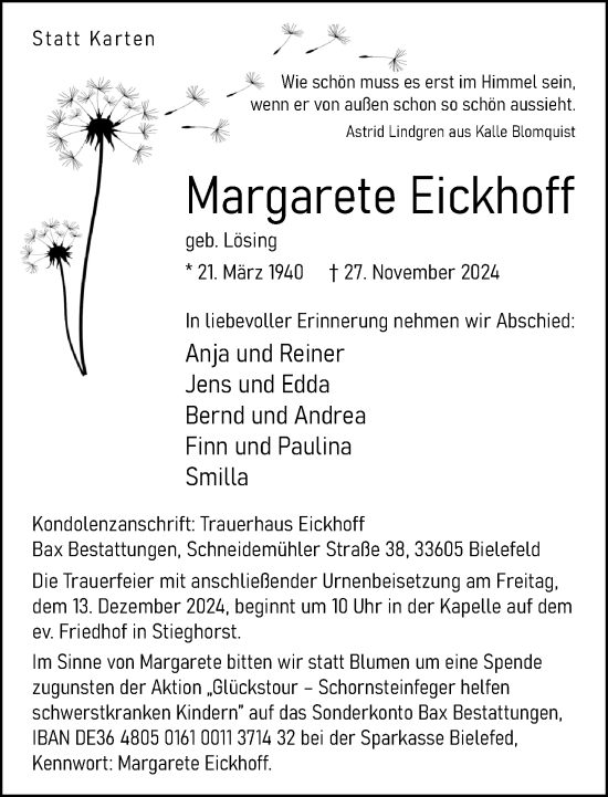 Traueranzeige von Margarete Eickhoff von Neue Westfälische