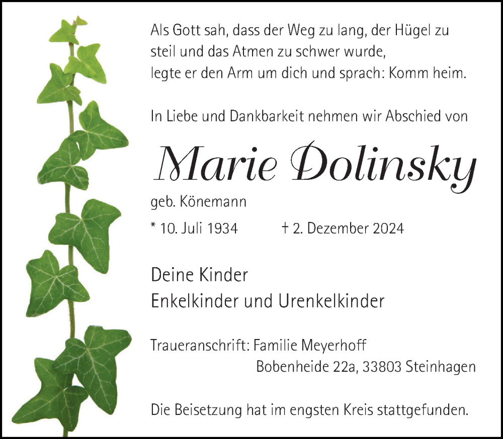  Traueranzeige für Marie Dolinsky vom 18.12.2024 aus Neue Westfälische
