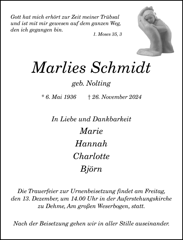  Traueranzeige für Marlies Schmidt vom 07.12.2024 aus Neue Westfälische