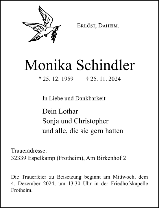 Traueranzeige von Monika Schindler von Neue Westfälische