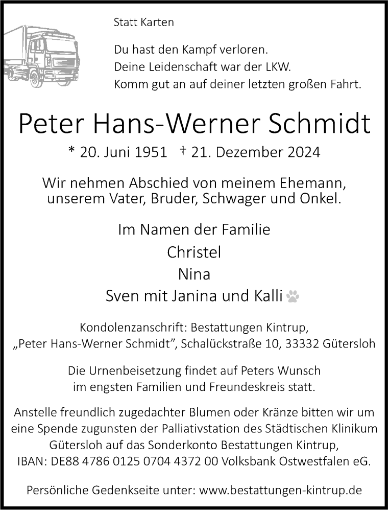  Traueranzeige für Peter Hans-Werner Schmidt vom 28.12.2024 aus Neue Westfälische
