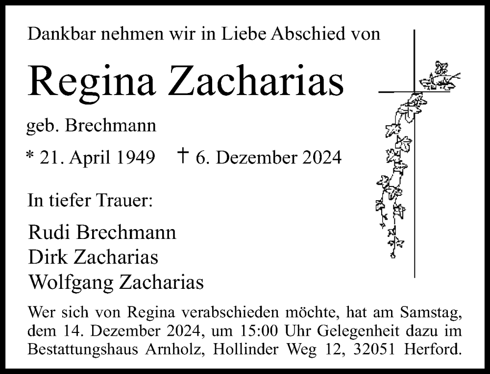  Traueranzeige für Regina Zacharias vom 12.12.2024 aus Neue Westfälische