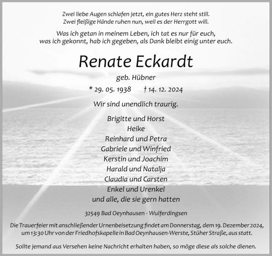Traueranzeige von Renate Eckardt von Neue Westfälische