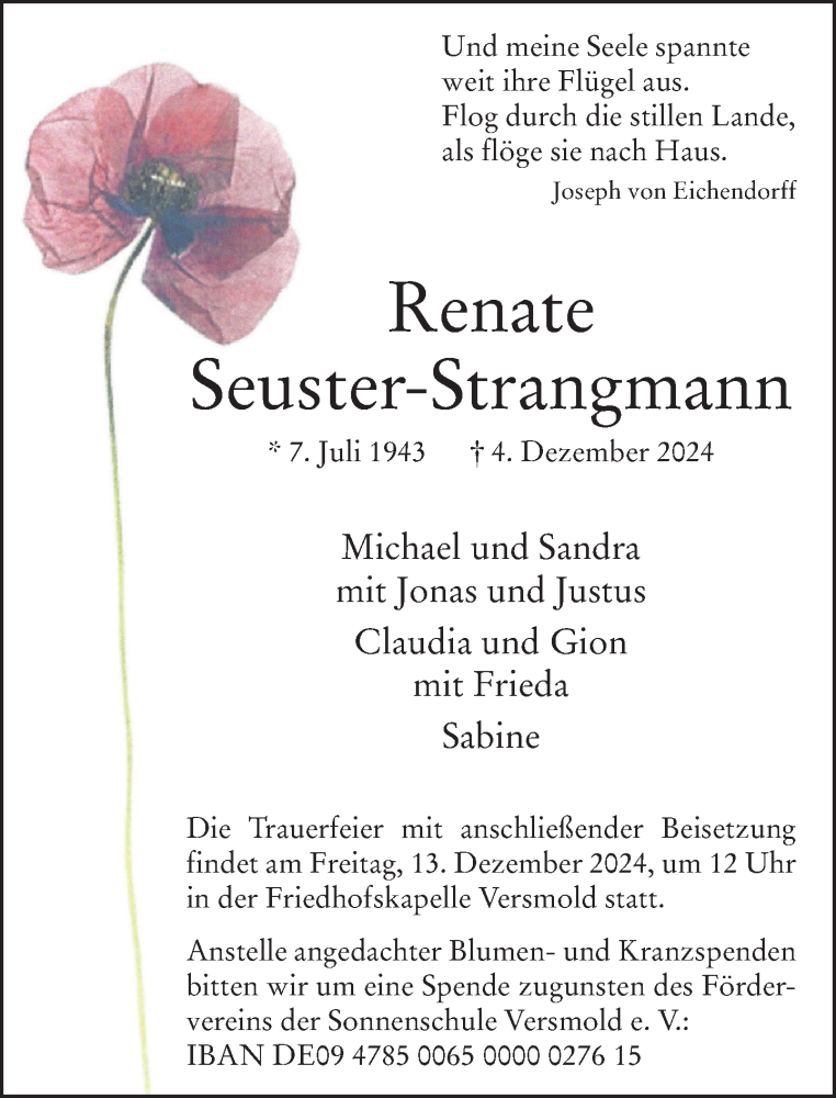  Traueranzeige für Renate Seuster-Strangmann vom 07.12.2024 aus Neue Westfälische