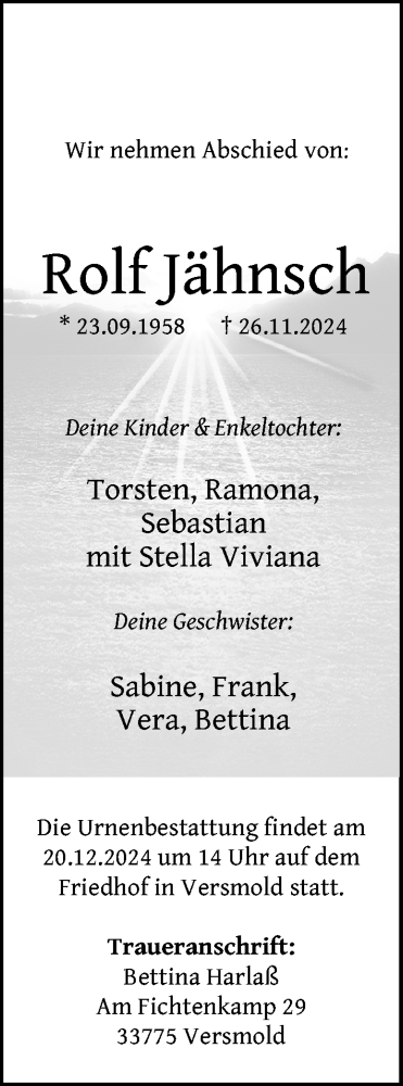 Traueranzeige von Rolf Jähnsch von Neue Westfälische