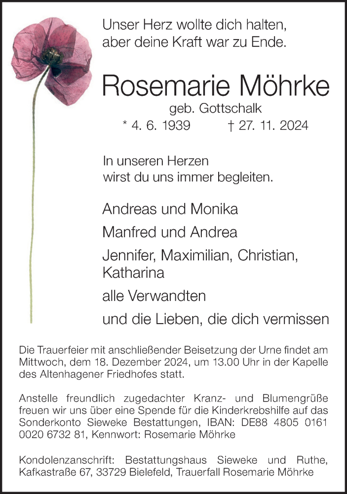 Traueranzeige für Rosemarie Möhrke vom 07.12.2024 aus Neue Westfälische