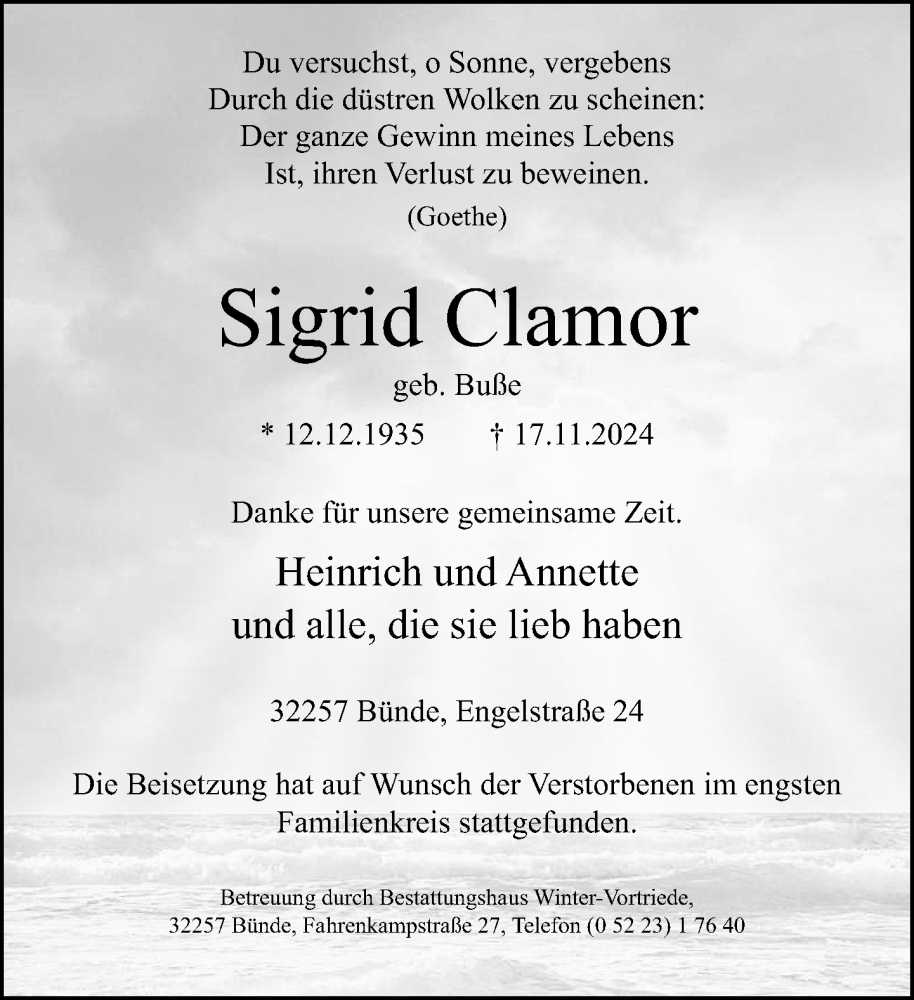  Traueranzeige für Sigrid Clamor vom 07.12.2024 aus Neue Westfälische