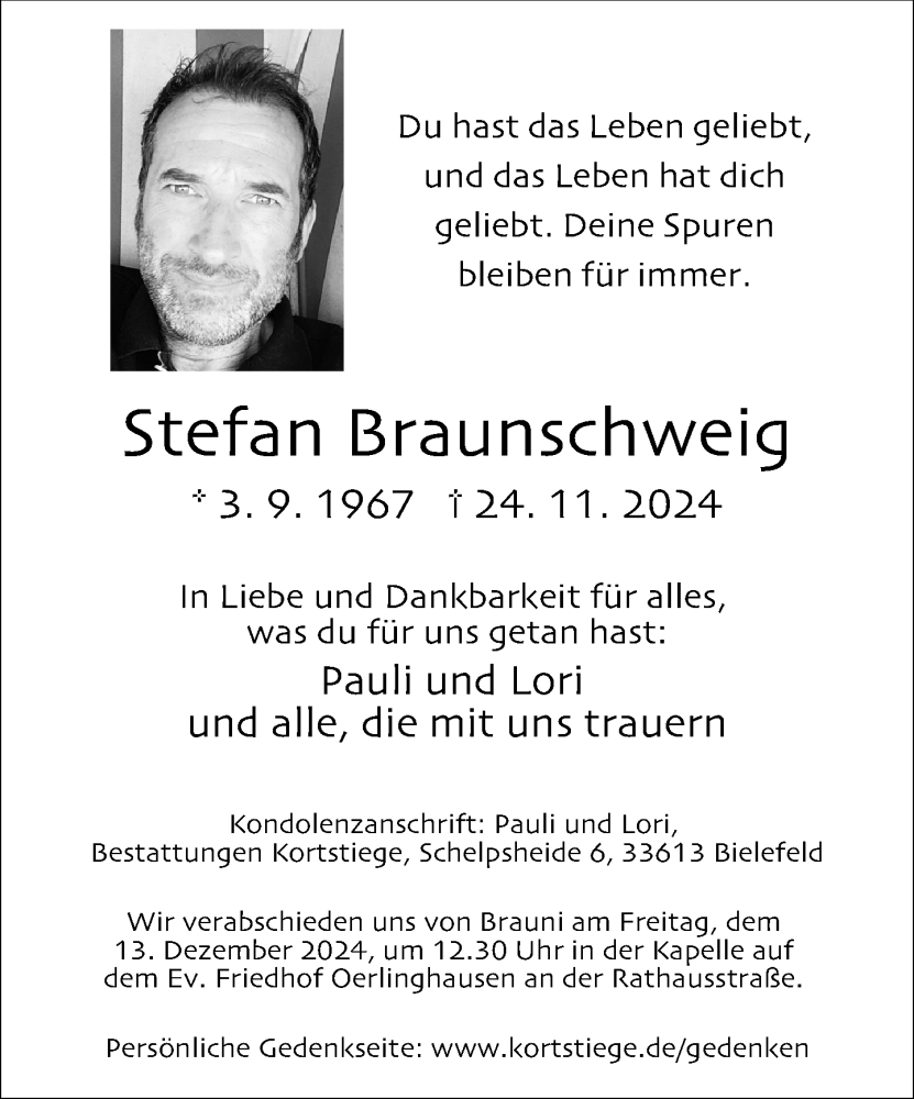  Traueranzeige für Stefan Braunschweig vom 07.12.2024 aus Neue Westfälische