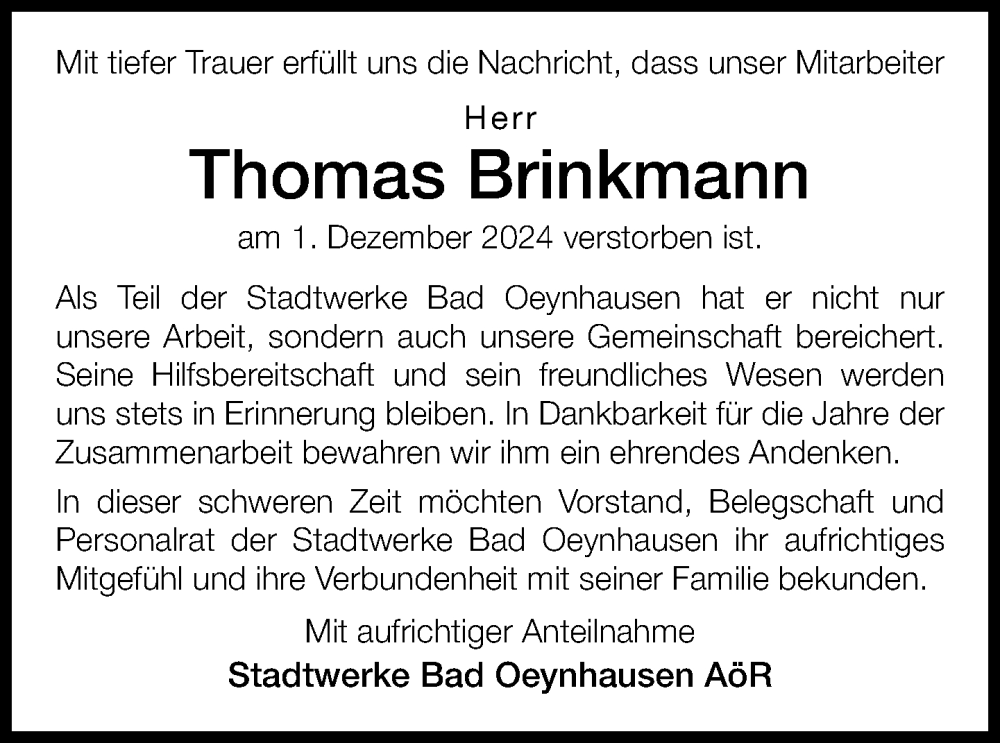  Traueranzeige für Thomas Brinkmann vom 21.12.2024 aus Neue Westfälische