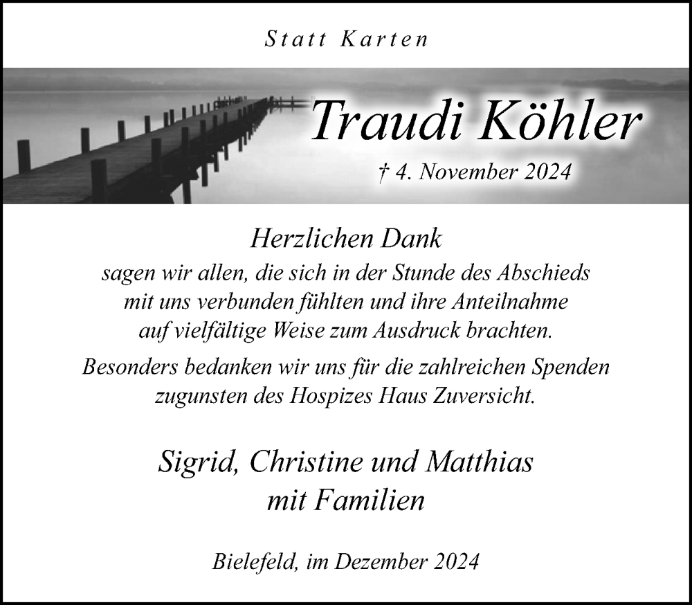  Traueranzeige für Traudi Köhler vom 07.12.2024 aus Neue Westfälische