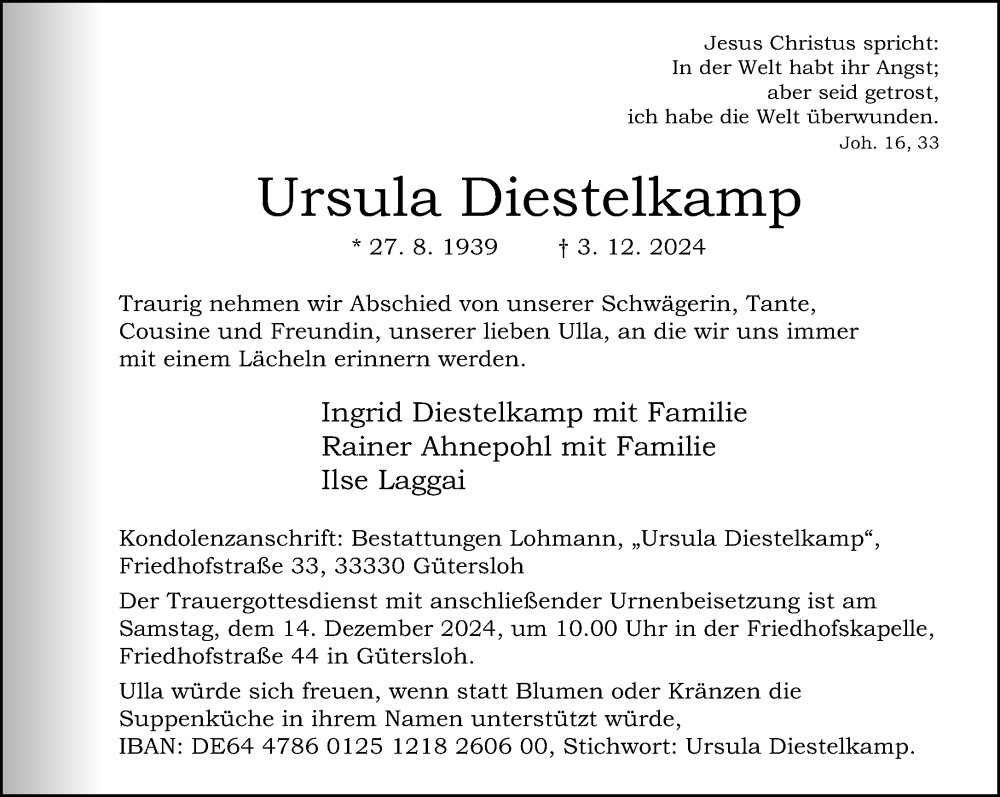  Traueranzeige für Ursula Diestelkamp vom 07.12.2024 aus Neue Westfälische