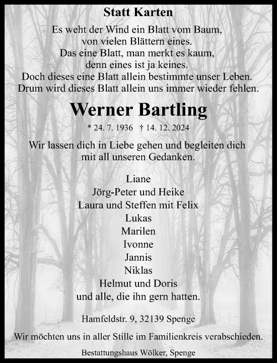Traueranzeige von Werner Bartling von Neue Westfälische