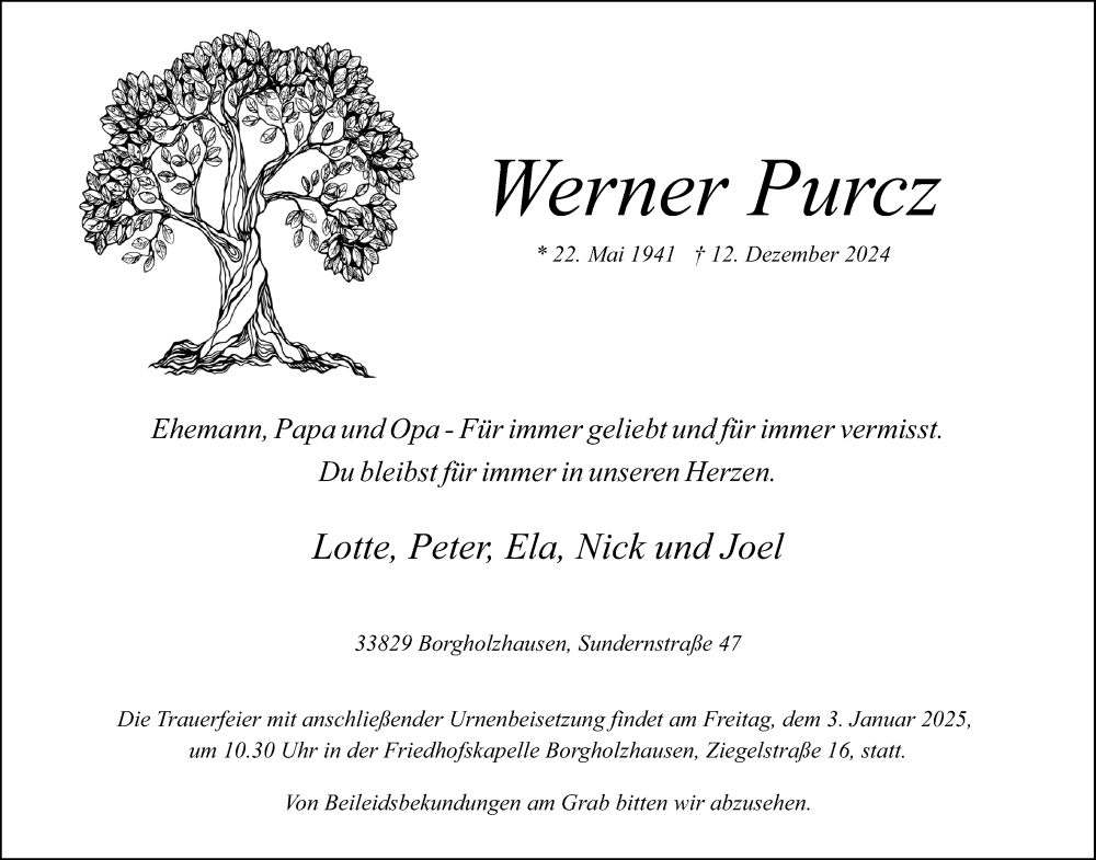  Traueranzeige für Werner Purcz vom 18.12.2024 aus Neue Westfälische