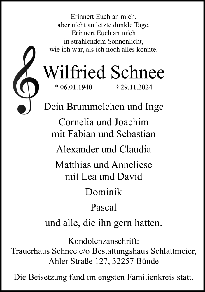  Traueranzeige für Wilfried Schnee vom 14.12.2024 aus Neue Westfälische