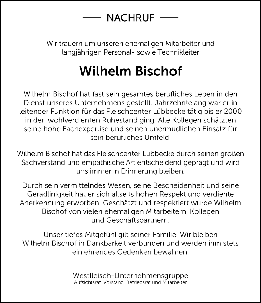  Traueranzeige für Wilhelm Bischof vom 05.12.2024 aus Neue Westfälische