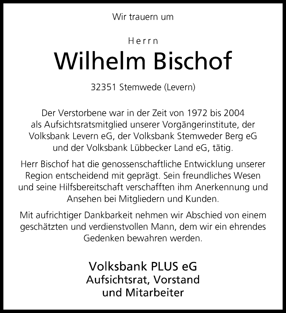  Traueranzeige für Wilhelm Bischof vom 04.12.2024 aus Neue Westfälische