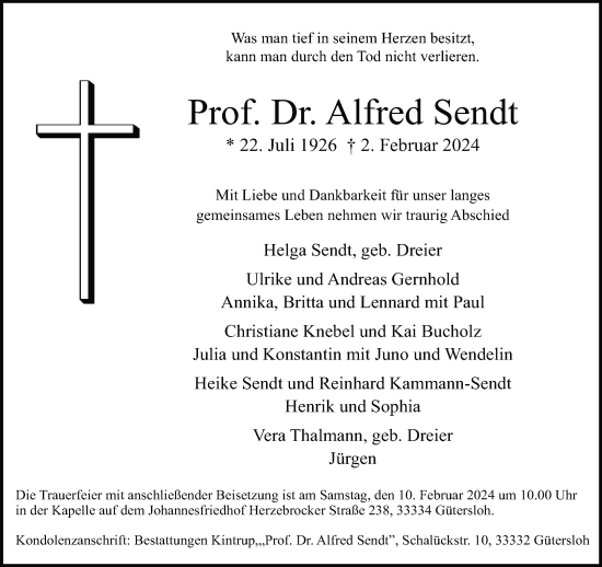 Traueranzeige von Alfred Sendt von Neue Westfälische