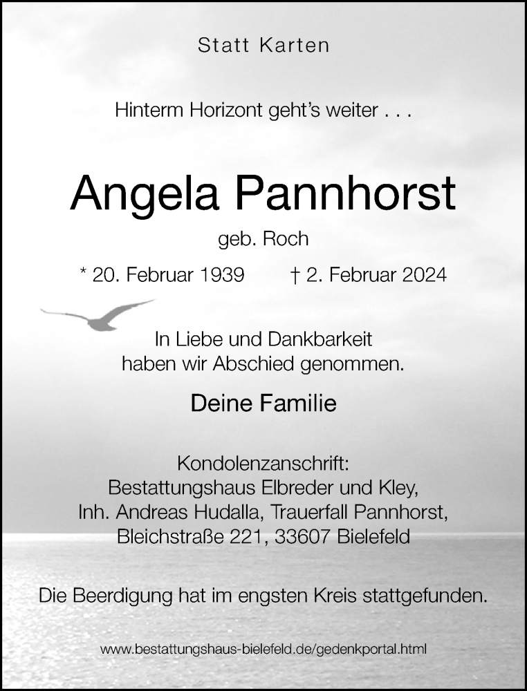  Traueranzeige für Angela Pannhorst vom 17.02.2024 aus Neue Westfälische