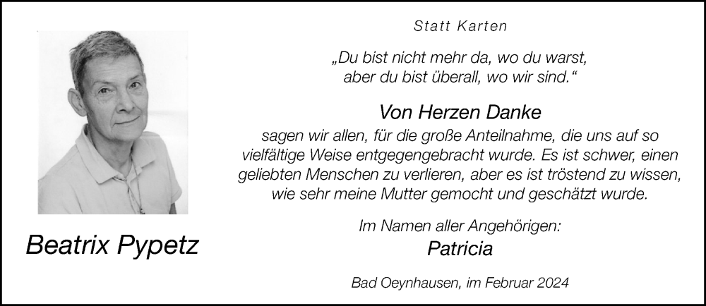  Traueranzeige für Beatrix Pypetz vom 10.02.2024 aus Neue Westfälische