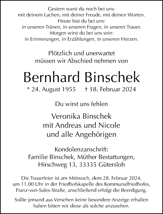 Traueranzeige von Bernhard Binschek von Neue Westfälische