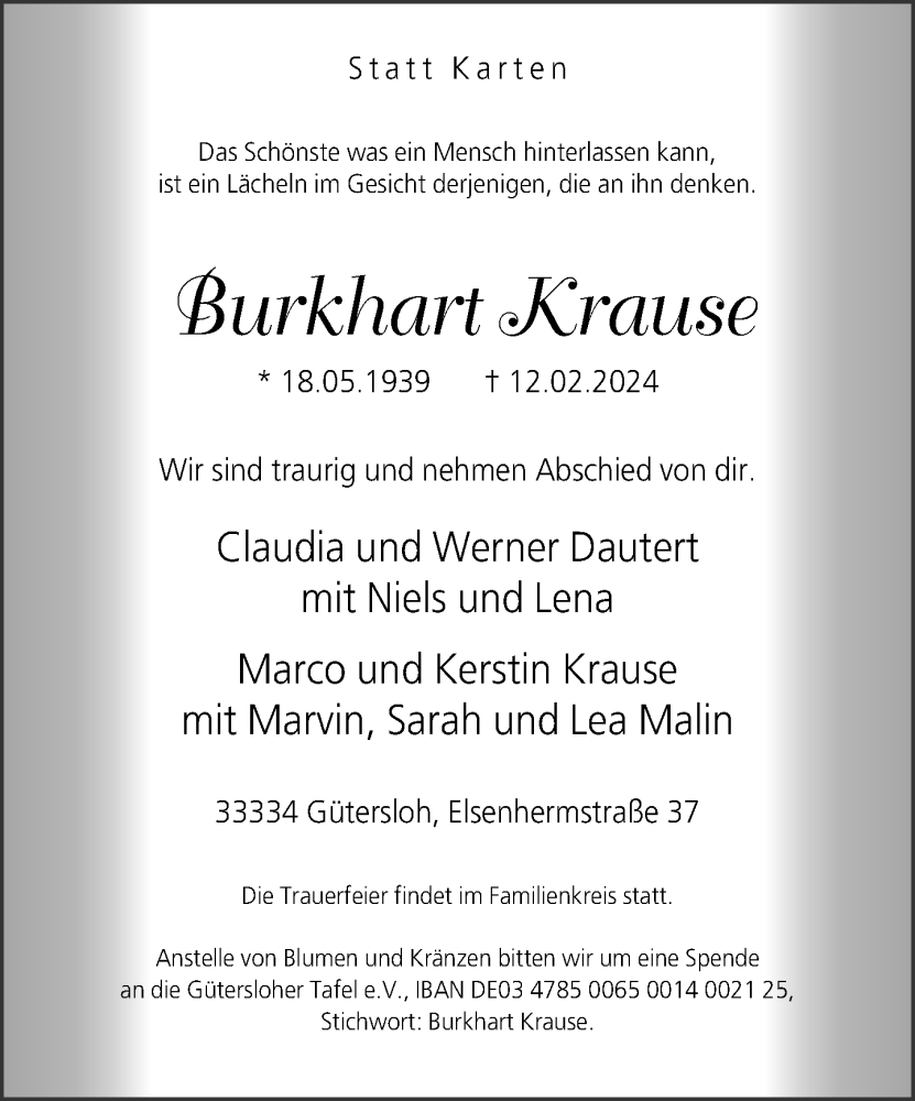  Traueranzeige für Burkhart Krause vom 17.02.2024 aus Neue Westfälische