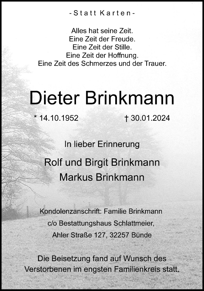  Traueranzeige für Dieter Brinkmann vom 17.02.2024 aus Neue Westfälische