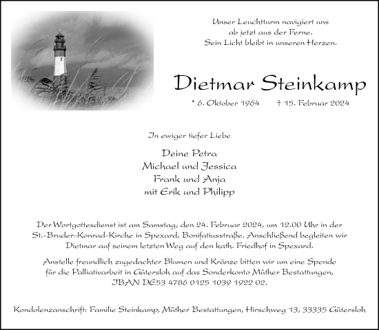Traueranzeige von Dietmar Steinkamp von Neue Westfälische