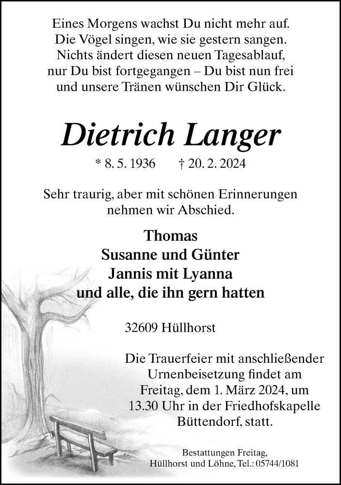  Traueranzeige für Dietrich Langer vom 24.02.2024 aus Neue Westfälische