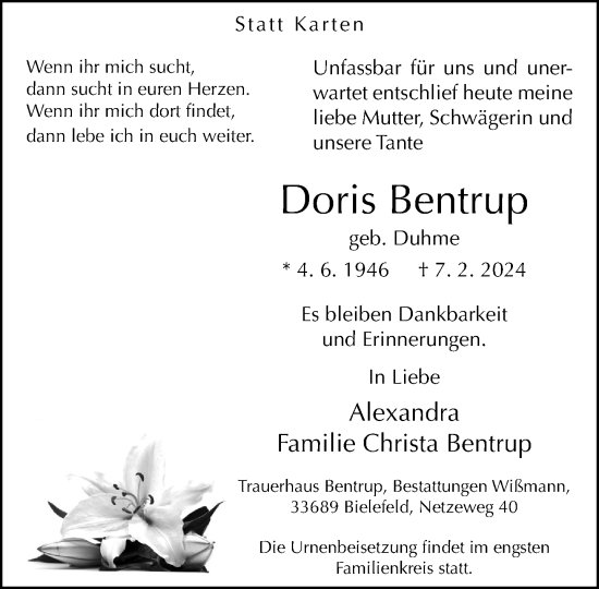 Traueranzeige von Doris Bentrup von Neue Westfälische