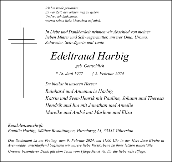 Traueranzeige von Edeltraud Harbig von Neue Westfälische