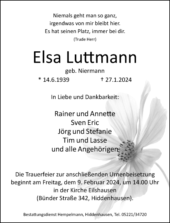 Traueranzeige von Elsa Luftmann von Neue Westfälische