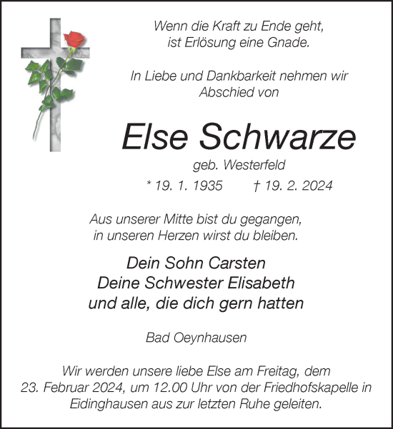 Traueranzeige von Else Schwarze von Neue Westfälische