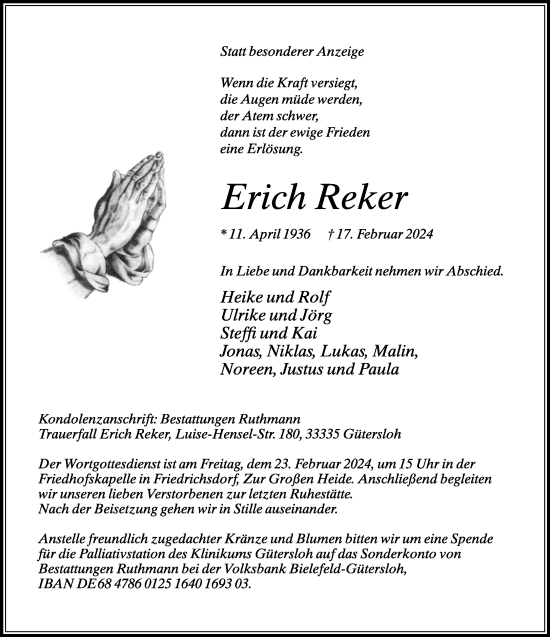 Traueranzeige von Erich Reker von Neue Westfälische