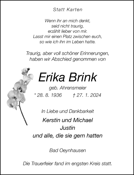 Traueranzeige von Erika Brink von Neue Westfälische