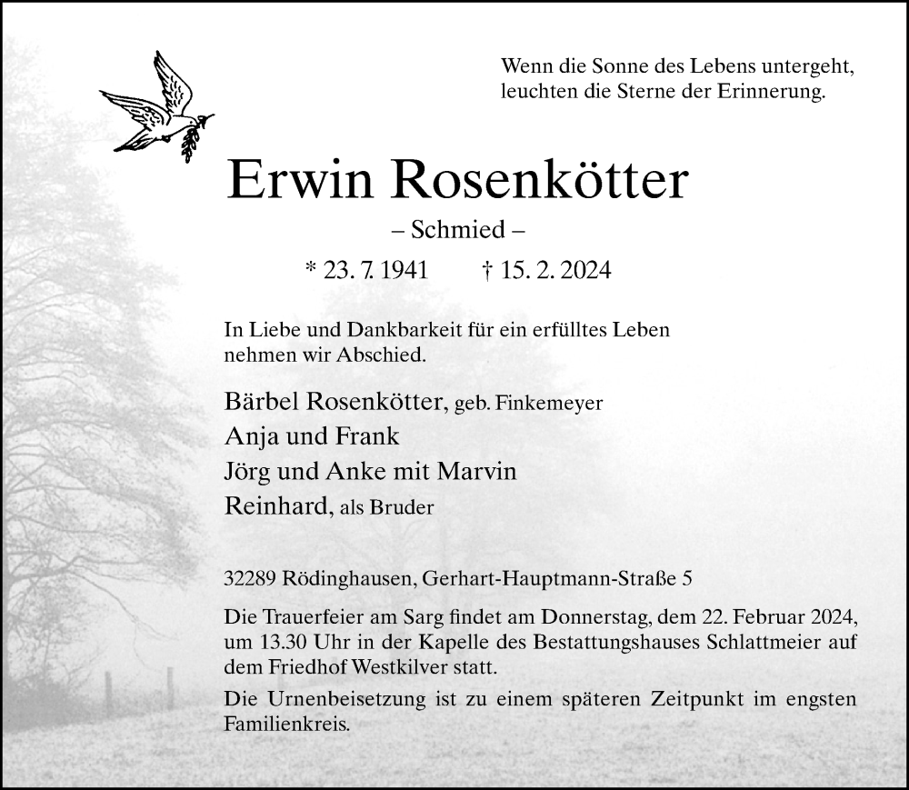  Traueranzeige für Erwin Rosenkötter vom 17.02.2024 aus Neue Westfälische