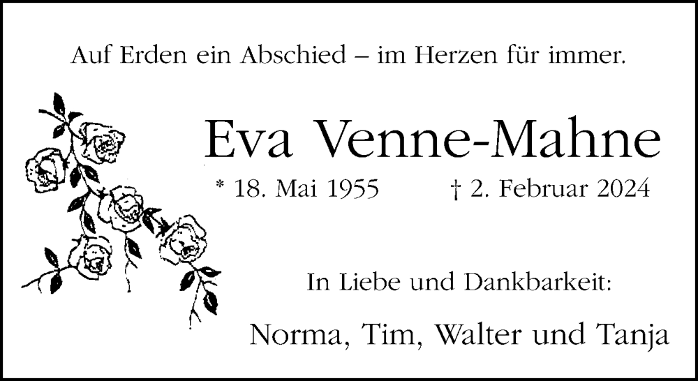  Traueranzeige für Eva Venne-Mahne vom 23.02.2024 aus Neue Westfälische