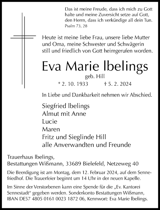 Traueranzeige von Eva Marie lbelings von Neue Westfälische