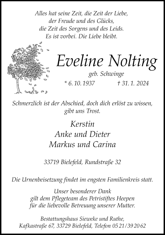 Traueranzeige von Eveline Nolting von Neue Westfälische