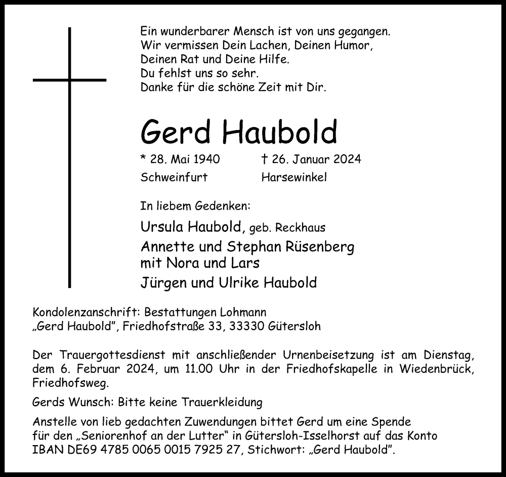  Traueranzeige für Gerd Haubold vom 02.02.2024 aus Neue Westfälische