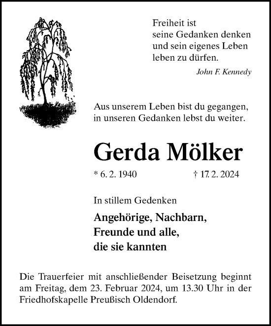 Traueranzeige von Gerda Mölker von Neue Westfälische