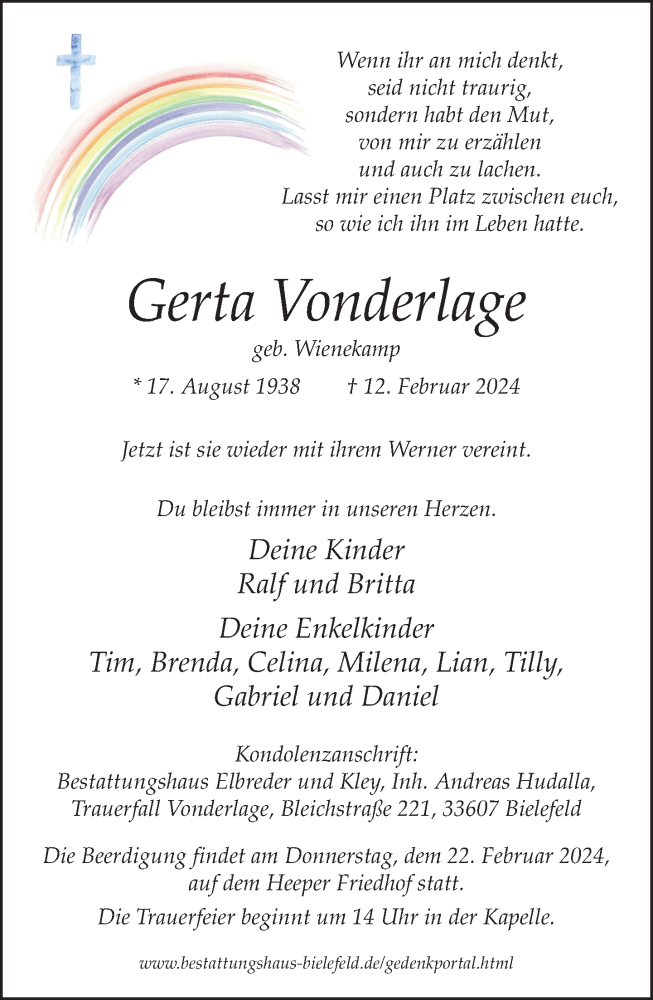  Traueranzeige für Gerta Vonderlage vom 17.02.2024 aus Neue Westfälische