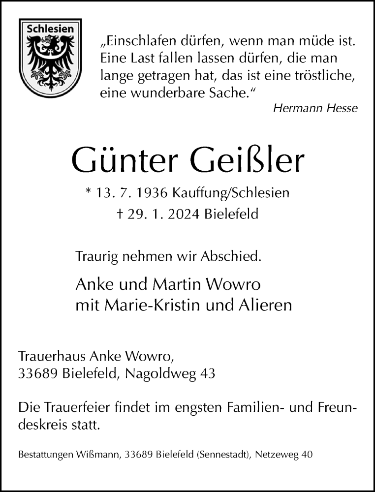  Traueranzeige für Günter Geißler vom 03.02.2024 aus Neue Westfälische