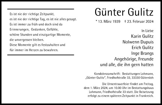 Traueranzeige von Günter Gulitz von Neue Westfälische