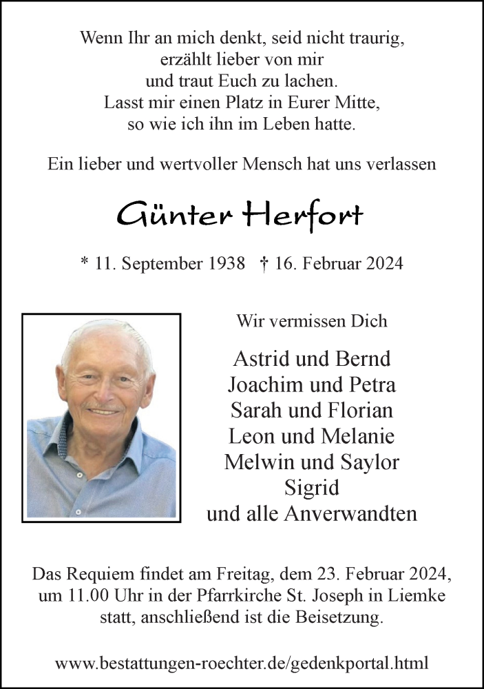  Traueranzeige für Günter Herfort vom 20.02.2024 aus Neue Westfälische
