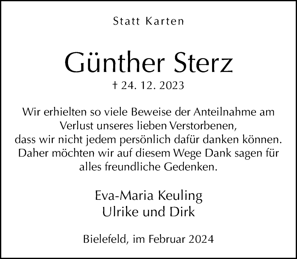  Traueranzeige für Günther Sterz vom 10.02.2024 aus Neue Westfälische
